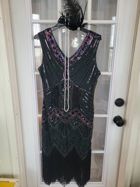 Vintage-Inspired Beaded Flapper Dress - Dark Green